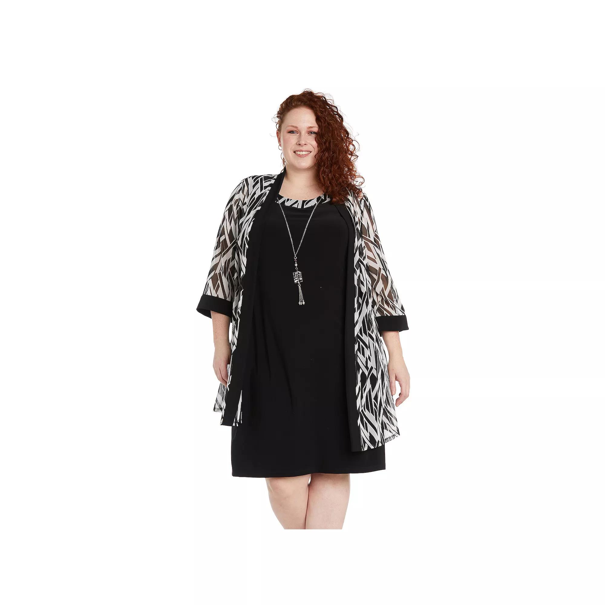 Plus Size R&M Richards 3-Piece Printed Chiffon Duster & Jersey Dress with Detachable Necklace, Women's, Size: 20 W, Black White Product Image