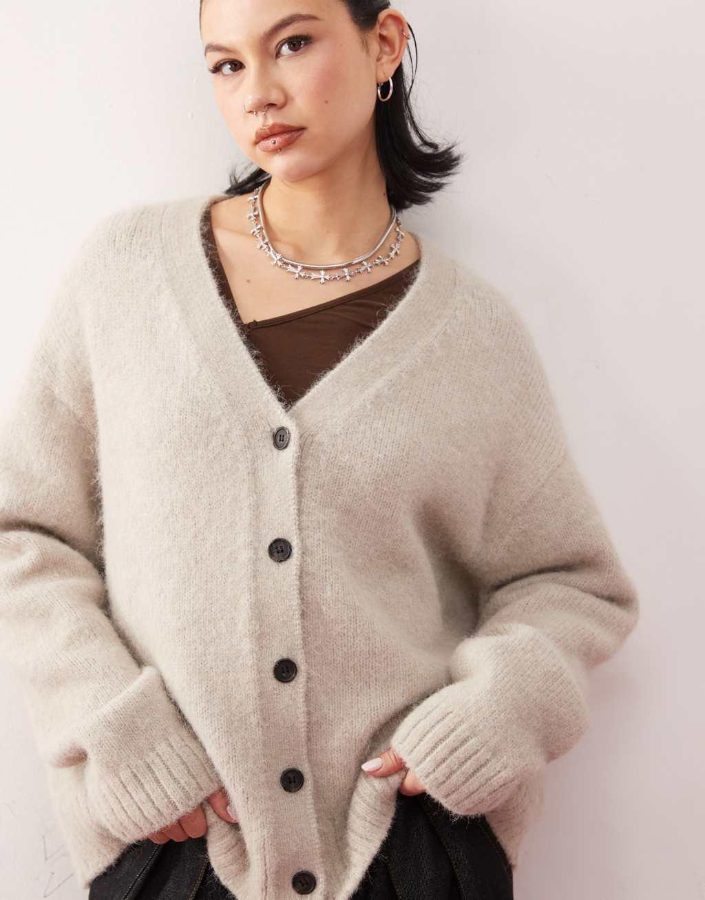 Weekday Emira fluffy knit slouchy cardigan in beige melange Product Image
