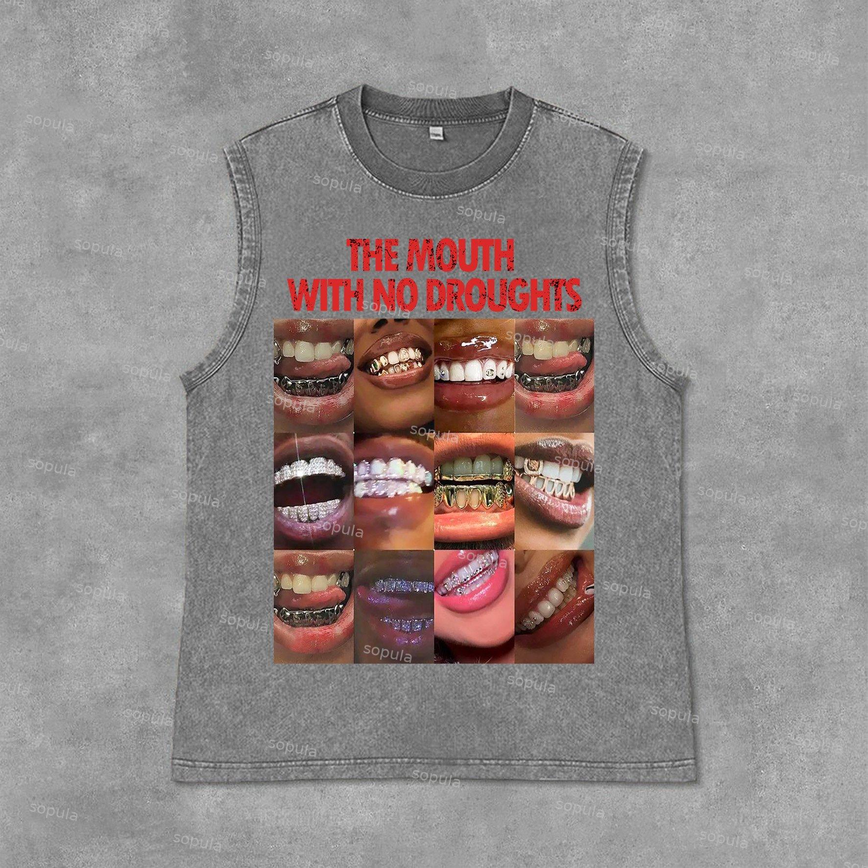 Vintage Lips Graphic The Mouth With No Droughts Print Acid Washed Sleeveless Tank Top Product Image
