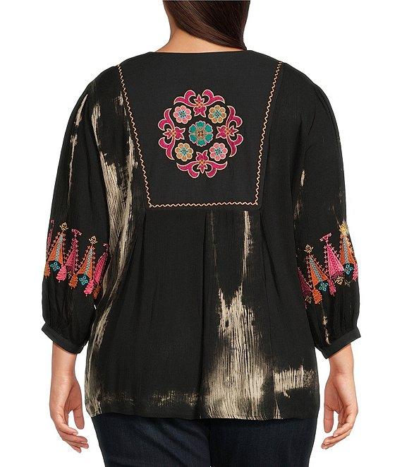 Calessa Plus Size Floral Tie-Dye Embordered Split Neck Tassel Tie Long Sleeve Tunic Product Image