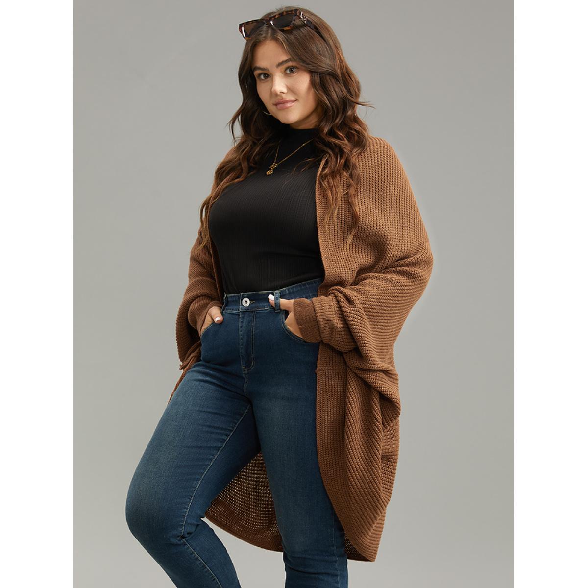Plus Size Solid Dolman Sleeve Arc Hem Cardigan Brown Women Casual Loose Long Sleeve Dailywear Cardigans BloomChic 12/L Product Image