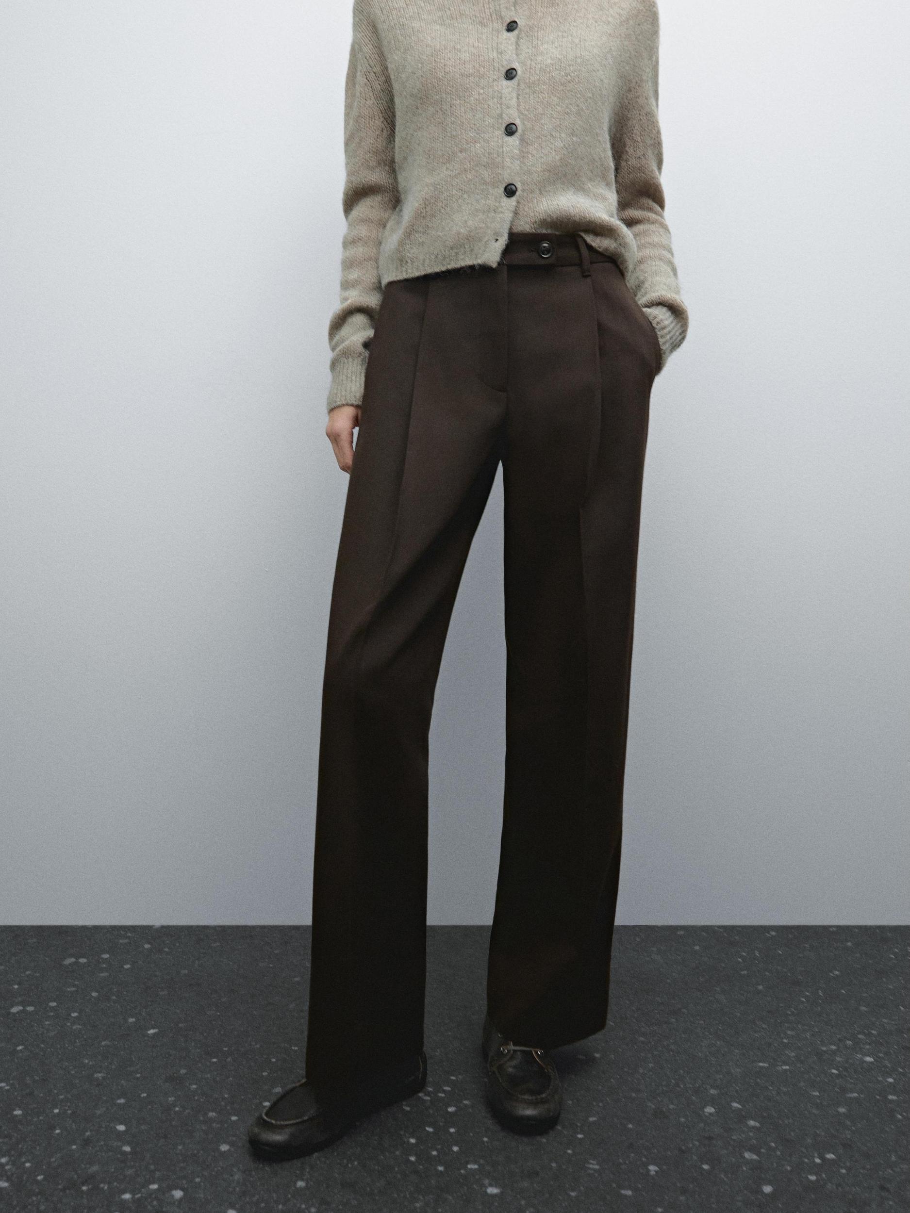 Wide-leg pleated cotton blend trousers Product Image