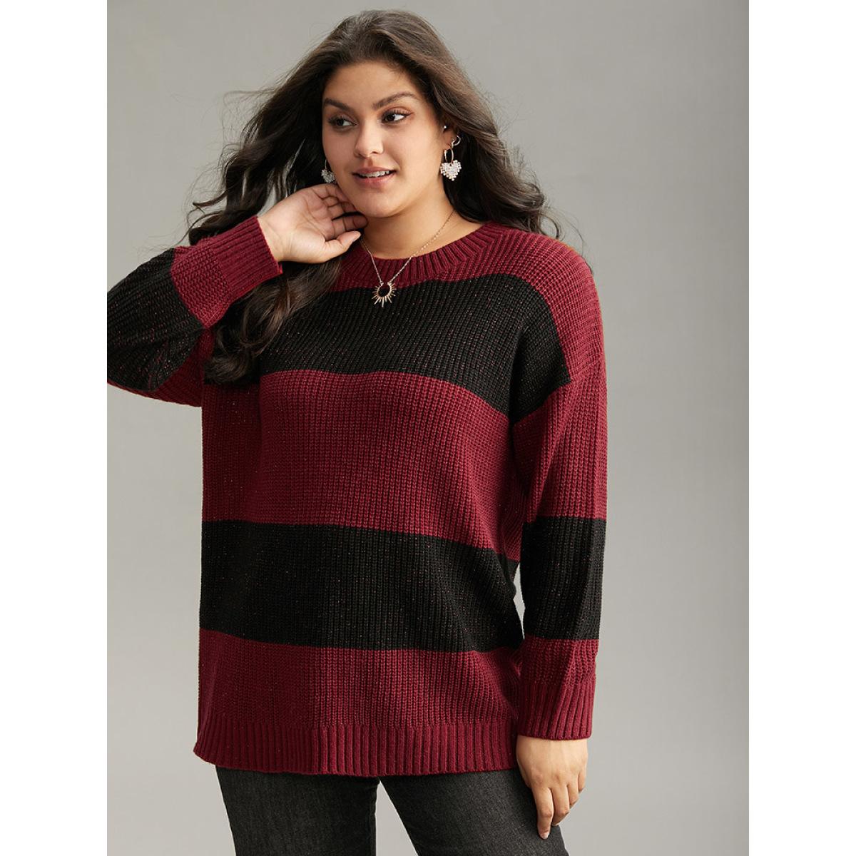 Plus Size Sparkly Two Tone Colorblock Pullover Scarlet Women Casual Loose Long Sleeve Round Neck Dailywear Pullovers BloomChic 18-20/2X Product Image