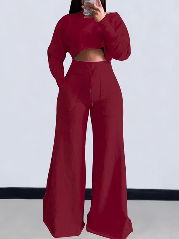 Loose Solid Color Long Sleeves T-Shirt + Drawstring Wide Leg Pants Trousers Two Pieces Set Product Image