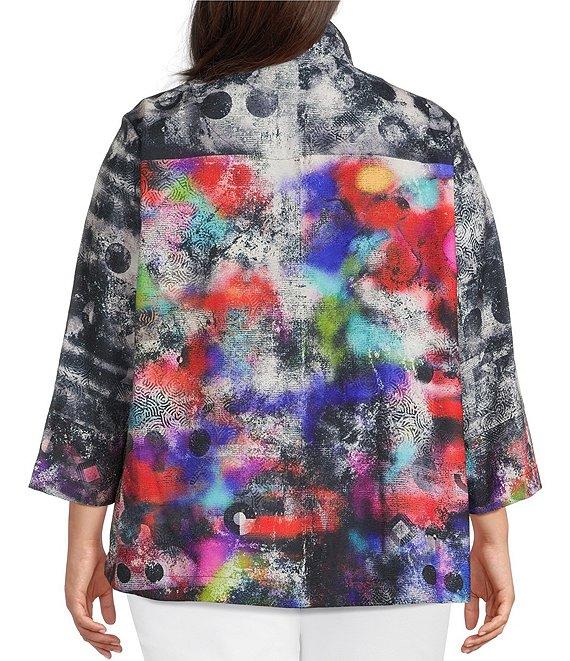 Ali Miles Plus Size Woven Abstract Multi Wire Collar 3/4 Sleeve Button-Front Jacket Product Image