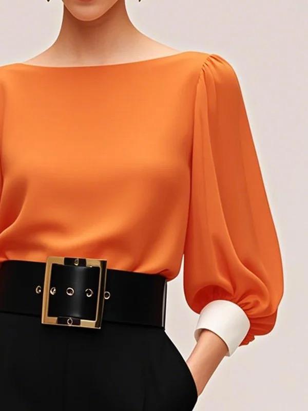 Long Sleeves Loose Pleated See-Through Split-Joint Round-neck Blouses&shirts Tops Product Image