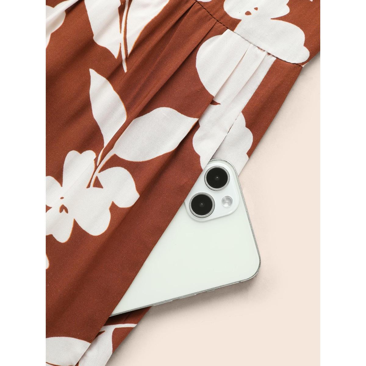 Plus Size Silhouette Floral Print Knot Neck Lantern Sleeve Dress Russet Women Office Elastic cuffs Round Neck Half Sleeve Curvy Midi Dress BloomChic 14-16/1X Product Image