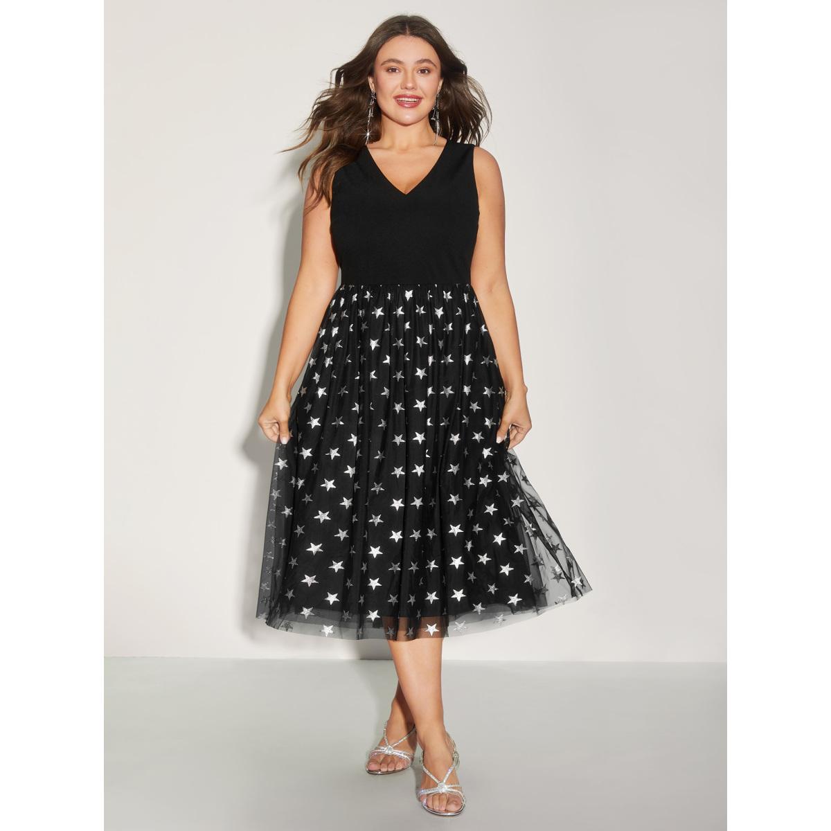 Plus Size Sequins Star Print V-Neck Midi Dress Black Women Non Sleeveless Curvy BloomChic 12/L Product Image