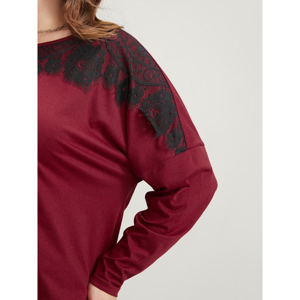 Plus Size Solid Round Neck Contrast Lace Long Tee Red Women Elegant Lace Plain Round Neck Dailywear T-shirts BloomChic 14-16/1X Product Image