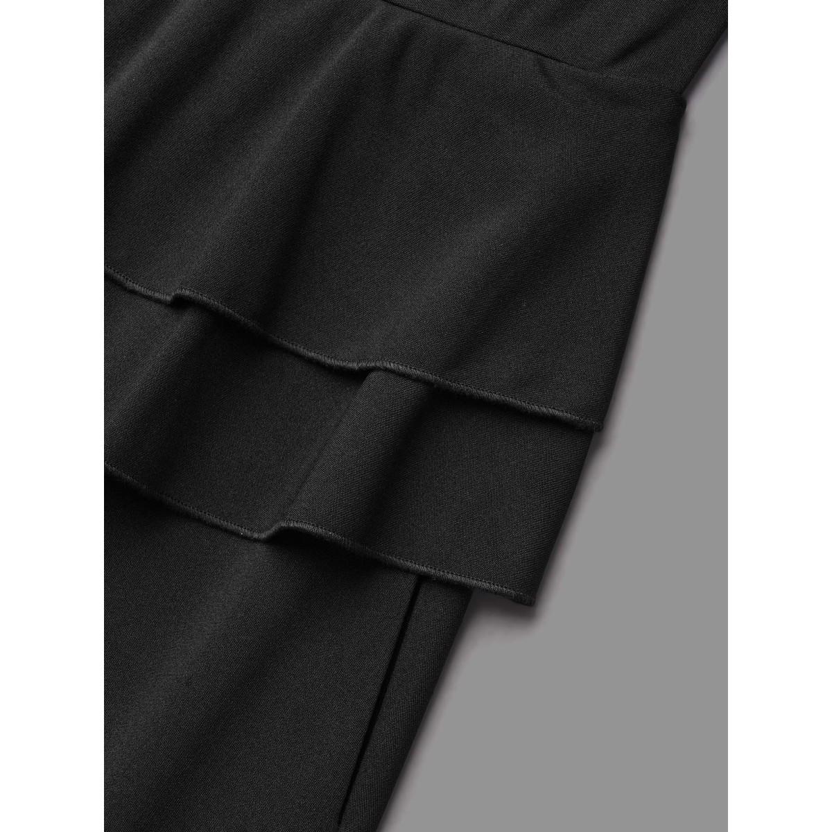 Plus Size Ruffle Trim Button Front Midi Dress Black Women At the Office Button Square Neck Elbow-length sleeve Curvy BloomChic 14-16/1X Product Image