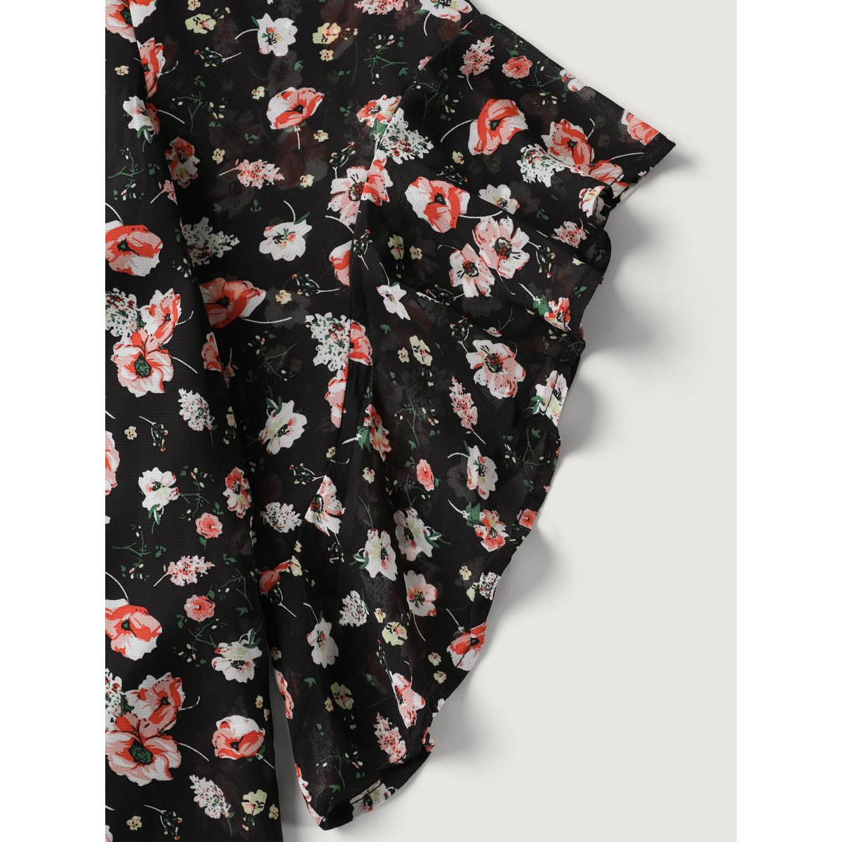 Plus Size Black Chiffon Floral Ruffled Sleeve Blouse Women Timeless Elbow-length sleeve Notched collar Elegant Blouses BloomChic 10/M Product Image