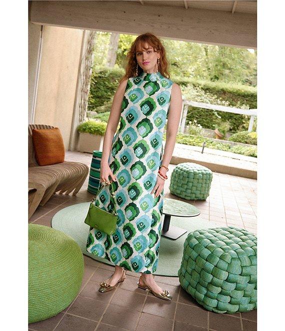 FRANCES VALENTINE Carlyle Dupion Graphic Leaf Mock Neck Sleeveless Midi Dress Product Image