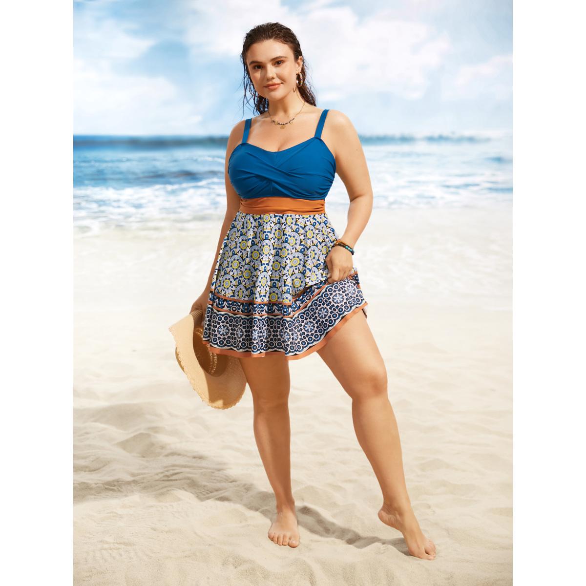 Plus Size Geometric Print Patchwork Twist Front Swim Dress Women's Swimwear Mediumblue Beach Bodycon Heart neckline High stretch Curve Swim Dresses BloomChic 14-16/1X Product Image