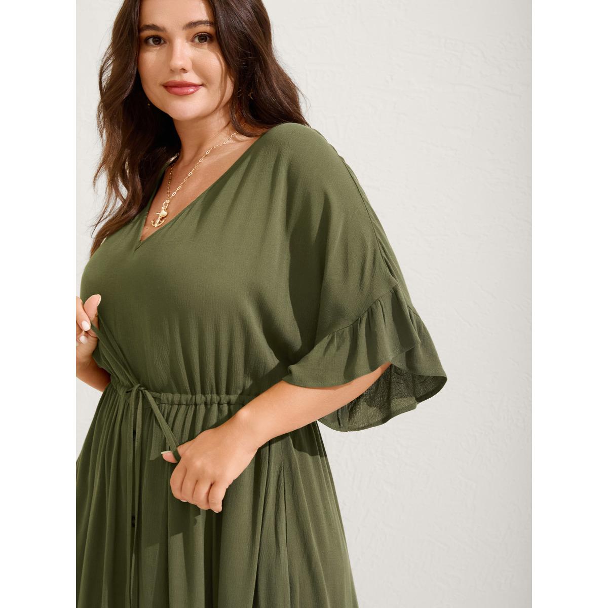 Plus Size Waist-Defining Tie Ruffled Sleeve Midi Dress ArmyGreen Women Boho V-neck Half Sleeve Curvy BloomChic 22-24/3X Product Image