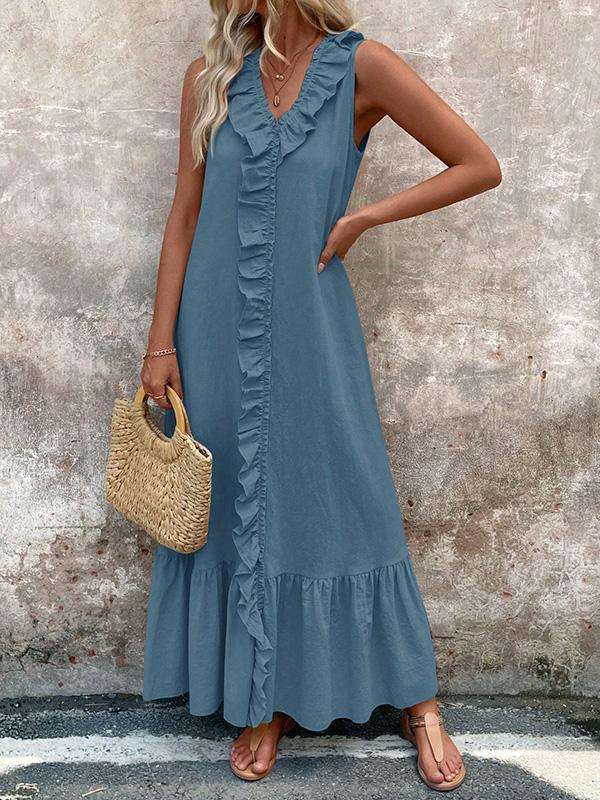 A-Line Loose Pleated Ruffle Trim Solid Color V-Neck Maxi Dresses Product Image