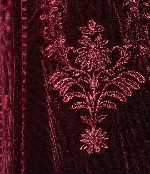 Calessa Petite Size Embroidered Ruffle Split V-Neck 3/4 Sleeve Button Front Velvet Tunic Product Image