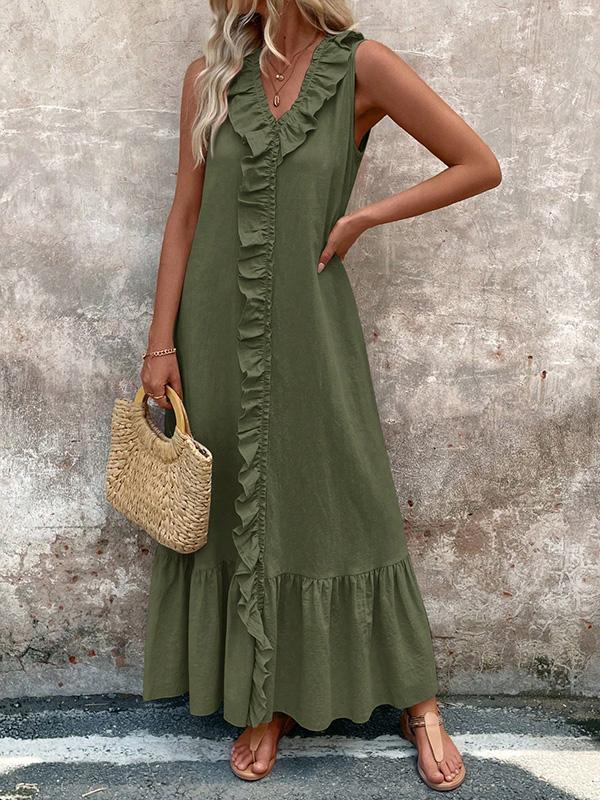 A-Line Loose Pleated Ruffle Trim Solid Color V-Neck Maxi Dresses Product Image