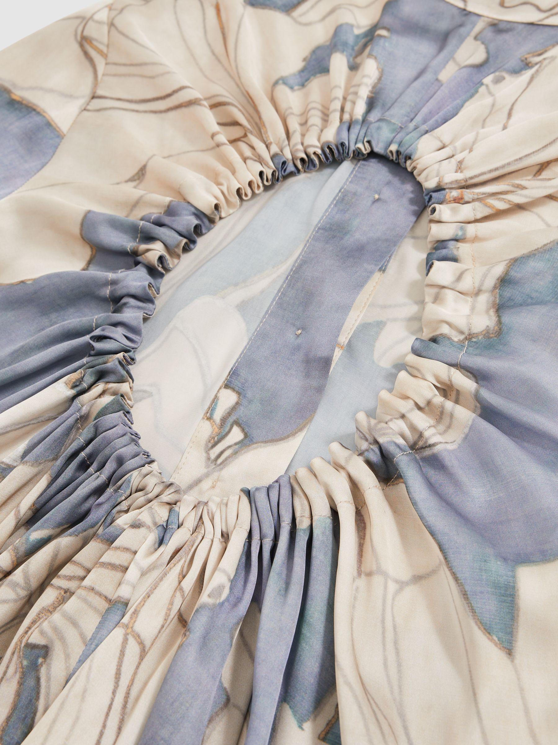 Floral Print Gathered Cut Out Shirt Dress in Blue Product Image