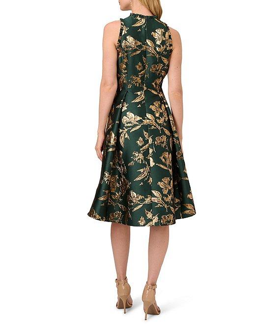 Adrianna Papell Metallic Jacquard Ruffle Trim Halter Neck High-Low Hem A-Line Dress Product Image
