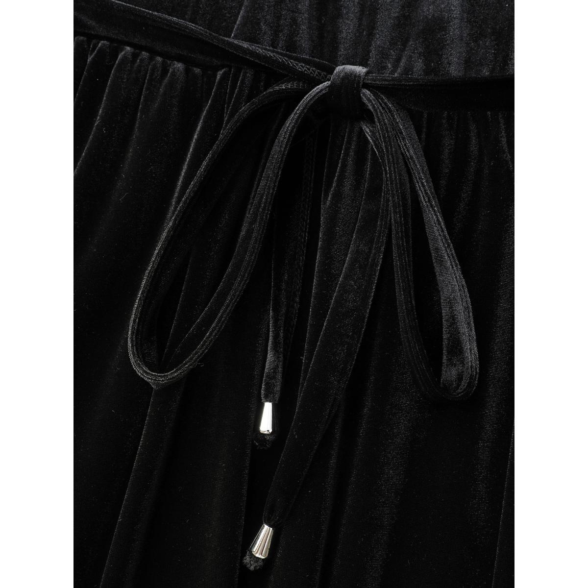 Plus Size Velvet Sheer Neckline Belted Waist Maxi Dress Black Women Boho Woven ribbon&lace trim Round Neck Extra Long Sleeve Curvy BloomChic 14-16/1X Product Image