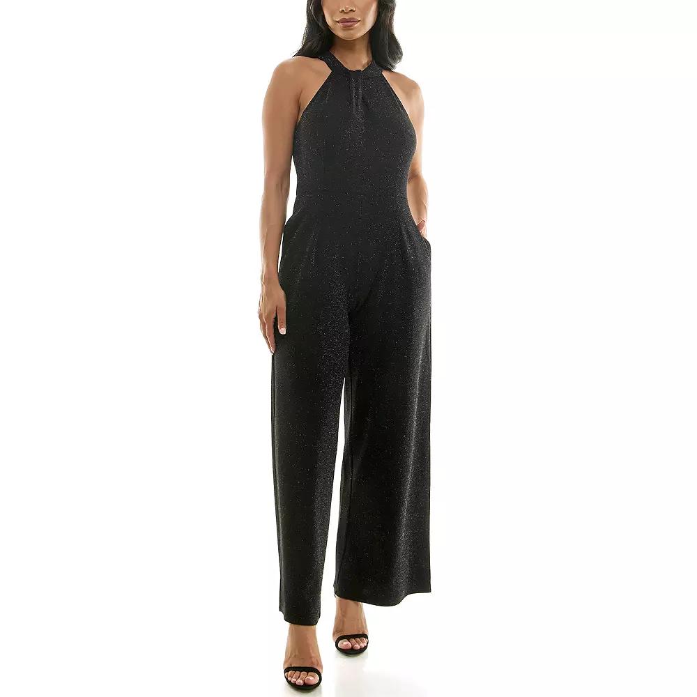 Women's Nina Leonard Glitter Twist Neck Jumpsuit, Size: Medium, Black Product Image