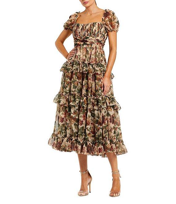 Mac Duggal Chiffon Puff Sleeve A Line Midi Dress With Ruffles Product Image