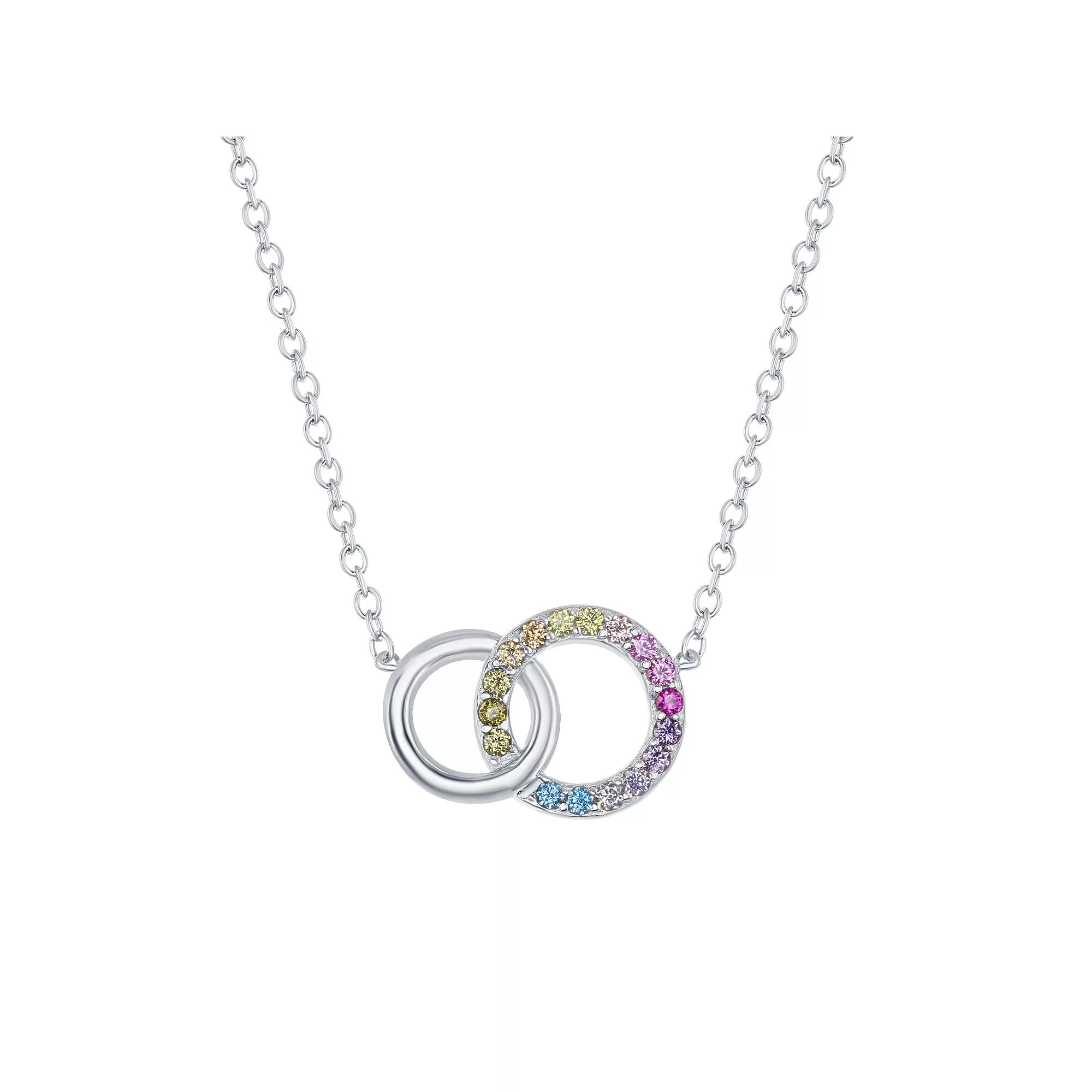 Sterling Silver Rainbow Cubic Zirconia Double Circle Necklace, Women's, Size: 16-18" ADJ, 14k Gold Plated Product Image