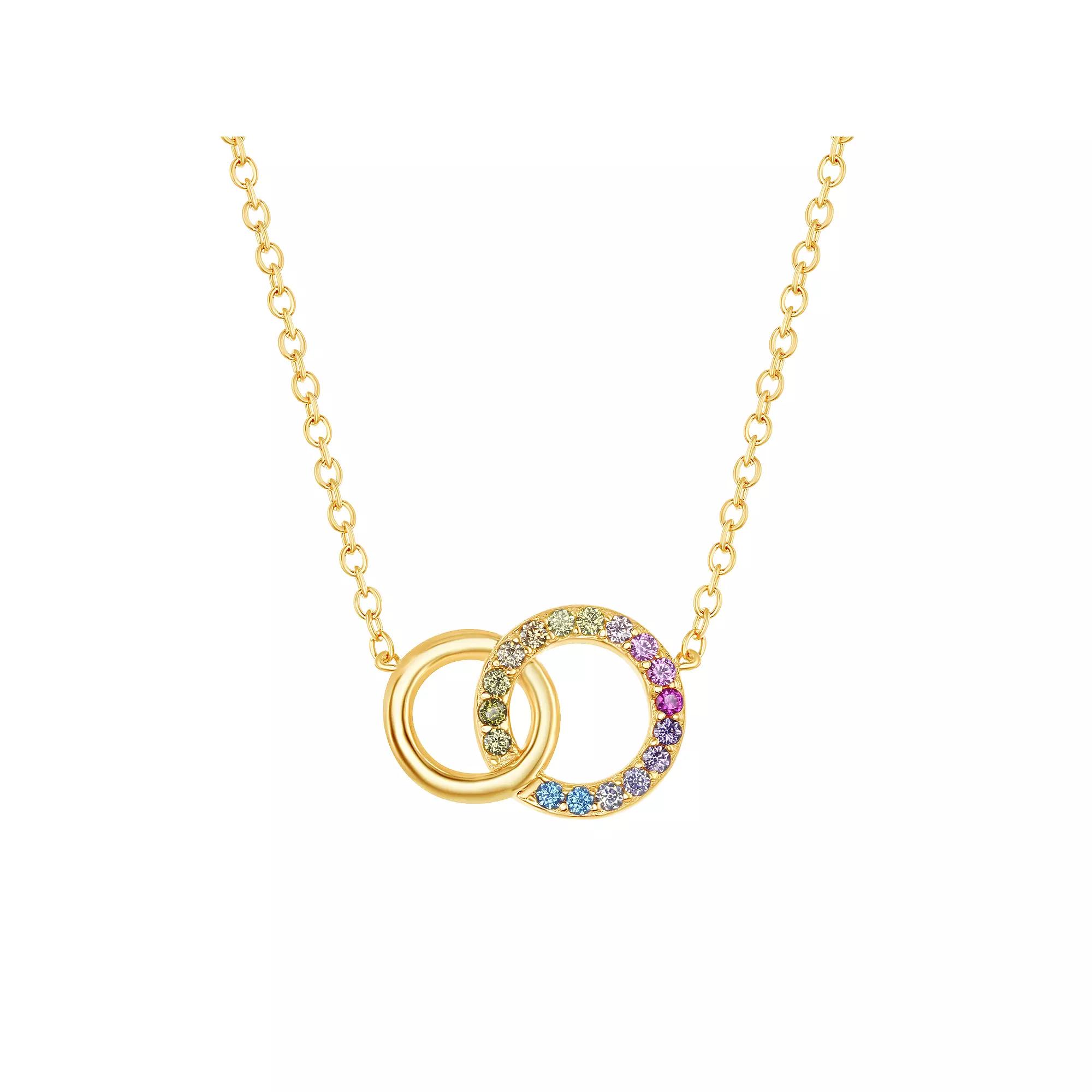 Sterling Silver Rainbow Cubic Zirconia Double Circle Necklace, Women's, Size: 16-18" ADJ, 14k Gold Plated Product Image