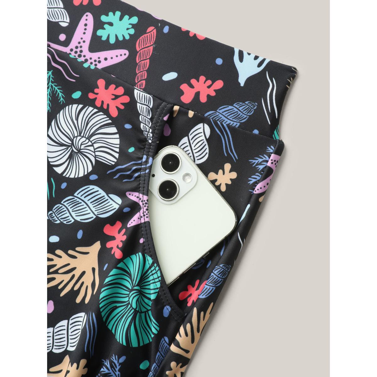 Plus Size Seashell Print Adjustable Drawstring Swim Bottoms Women's Swimwear Multicolor Beach Drawstring High stretch Skinny High Rise Side seam pocket Curve Swim Bottoms BloomChic 18-20/2X Product Image