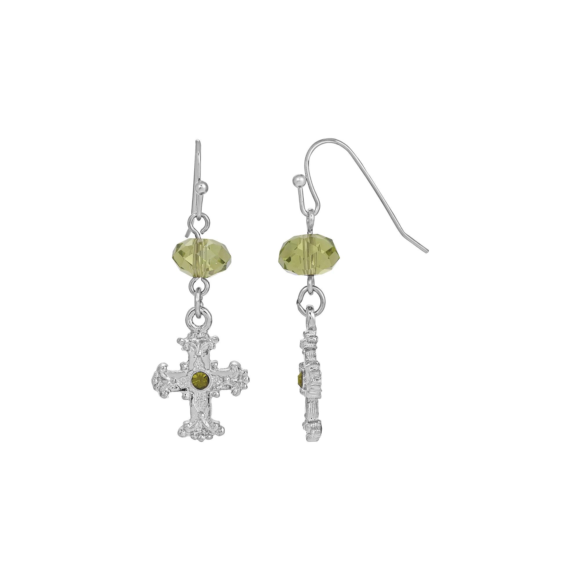Symbols of Faith Silver-Tone Black Crystal Cross Drop Earrings, Women's, Green Product Image