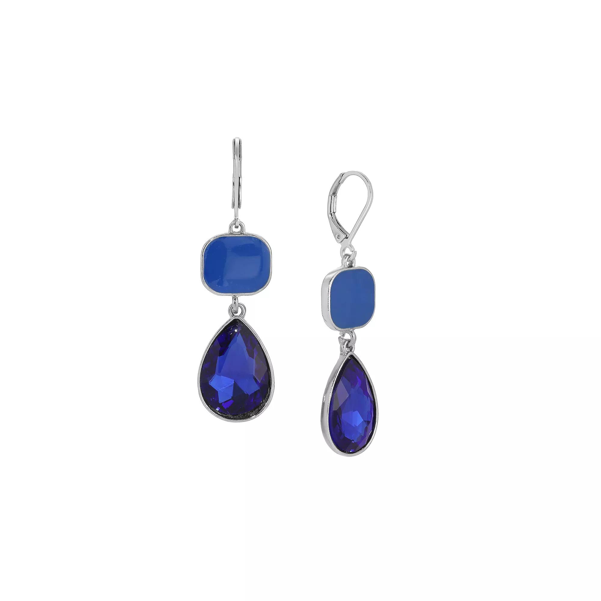 1928 Silver Tone Blue Double Teardrop Leverback Earrings, Women's Product Image