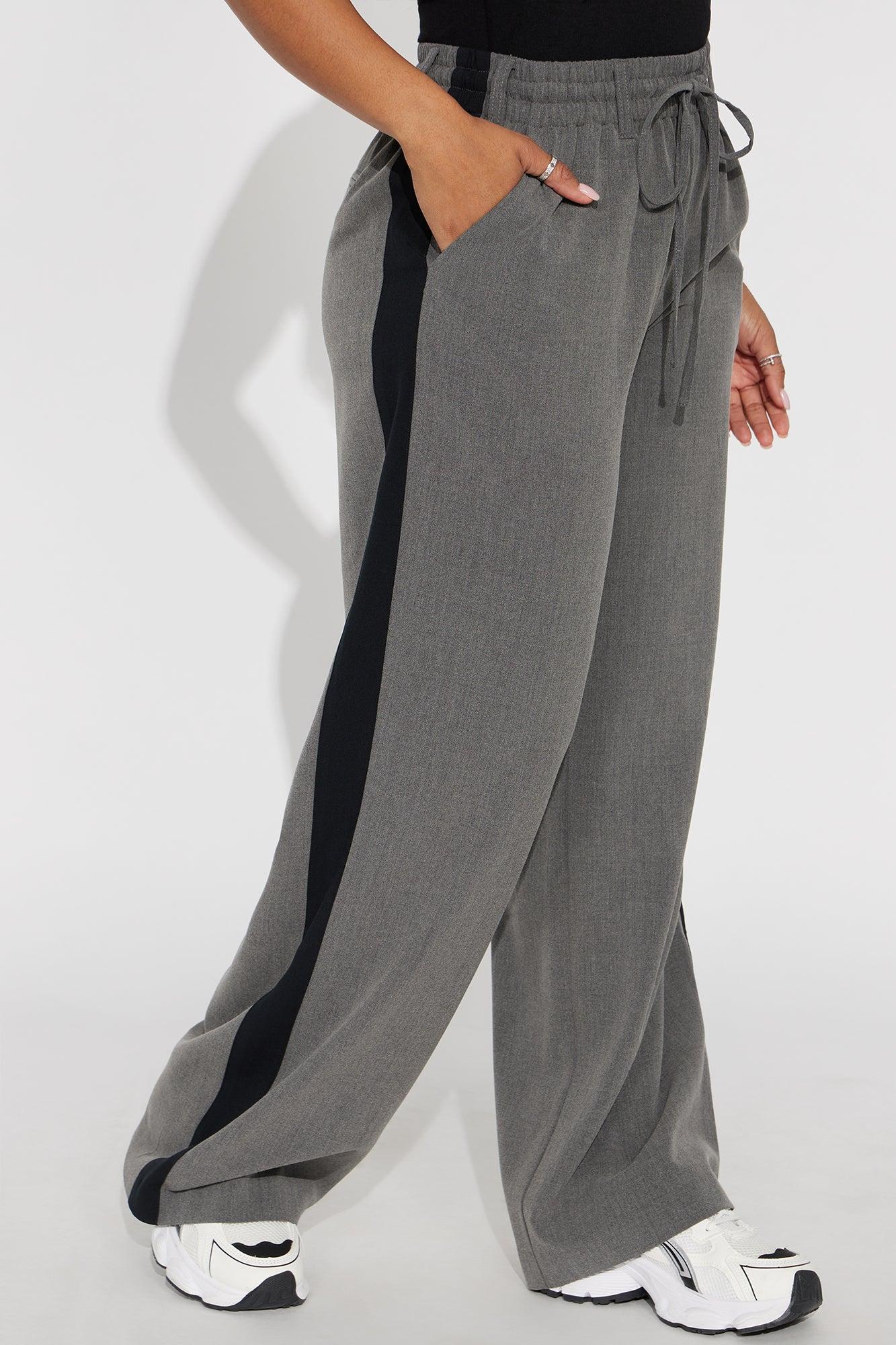 On Track Wide Leg Woven Side Stripe Pants - Charcoal Product Image
