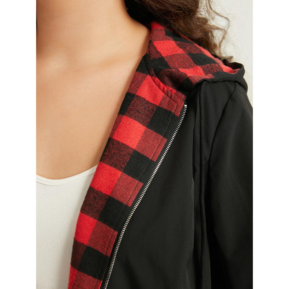 Plus Size Halloween Zipper Drawstring Plaid Contrast Patchwork Jacket Women Black Contrast Pocket Dailywear Jackets BloomChic 10/M Product Image