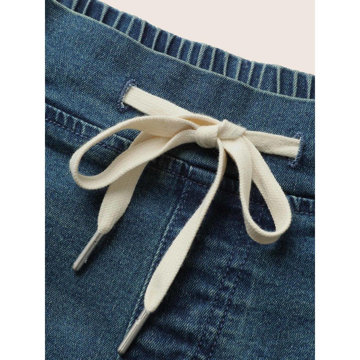 Plus Size Dark Wash Roll Hem Drawstring Denim Shorts Women Denimblue Roll Hem High stretch Everyday Slanted pocket Casual Denim Shorts BloomChic 24/3X Product Image