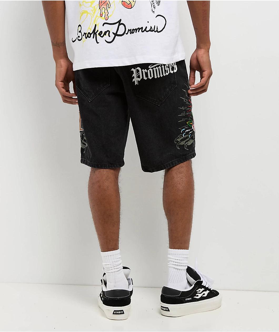 Ed Hardy x Broken Promises Love Scars Black Denim Shorts Product Image