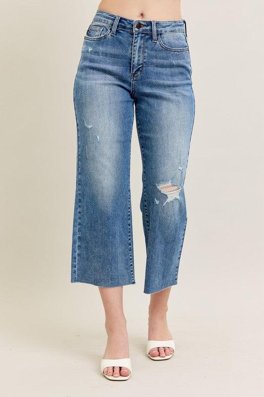 Judy Blue High Waist  Raw Cut Hem Crop Jeans Capris Product Image