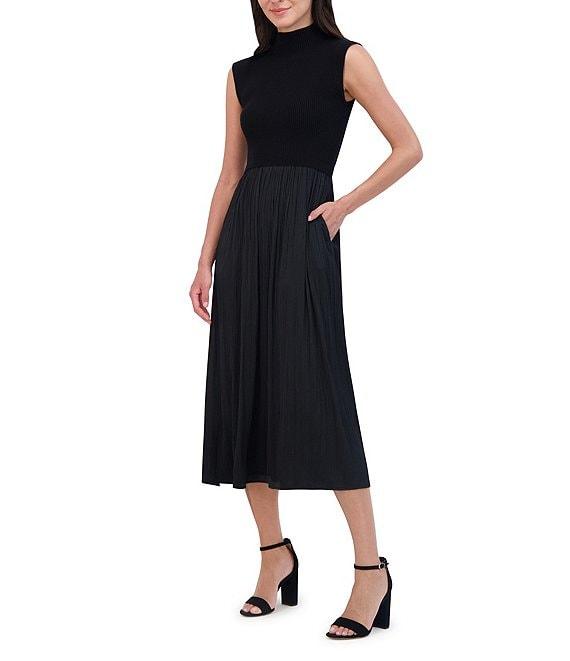 Vince Camuto Mixed Media Sweater Bodice Mock Neck Sleeveless Satin Drop Waist Trapeze Flounce Midi Dress Product Image