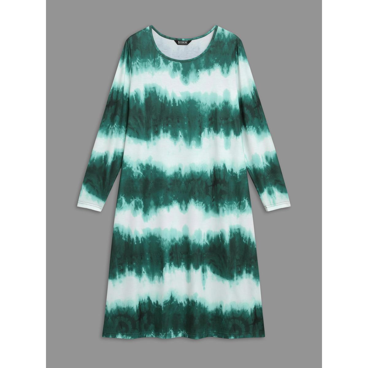 Plus Size Tie-Dye Round Neck Midi Knit Dress Teal Women Casual Non Knit Dresses Bloomchic 28/5X Product Image