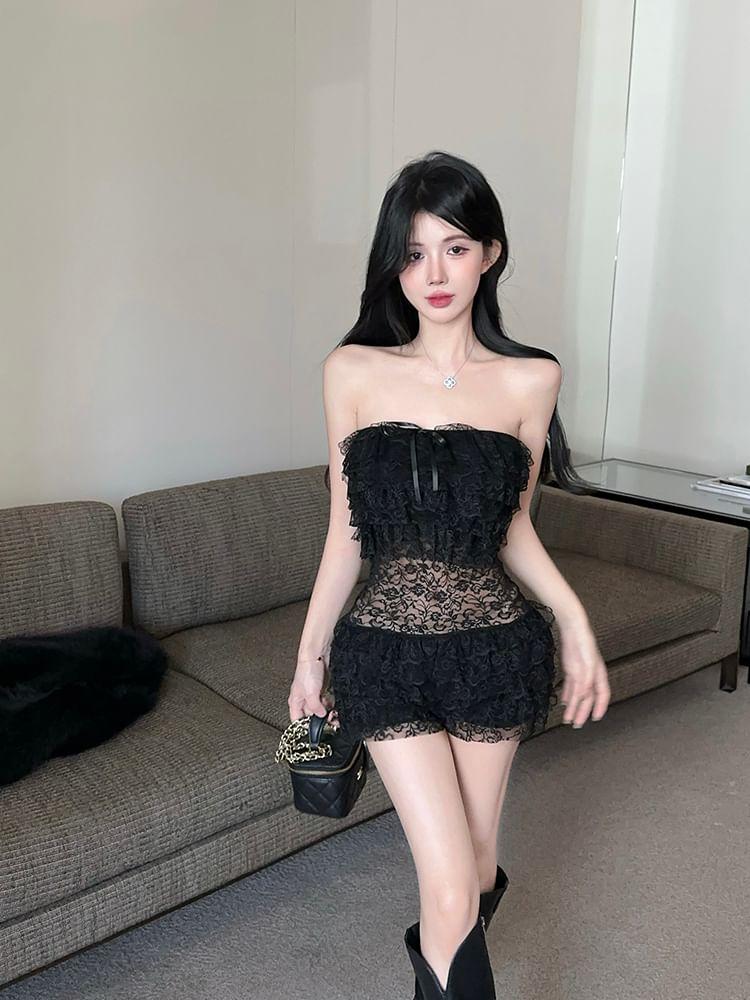 Plain Bow Tiered Lace Tube Romper Product Image