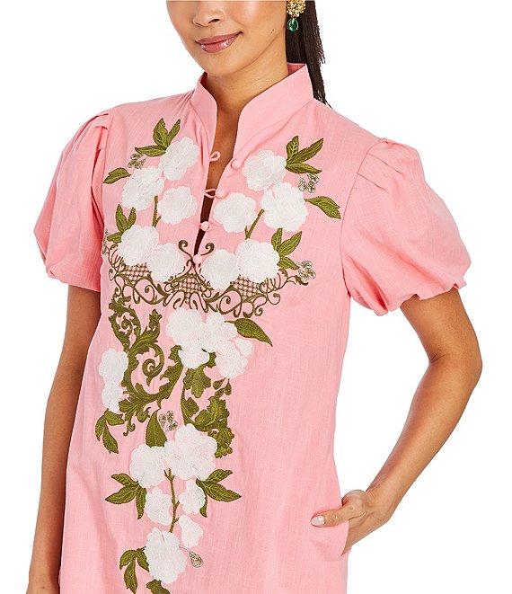 Mestiza New York Elliana Floral Embroidered Mandarin Collar Button Front Short Puff Sleeve Dress Product Image