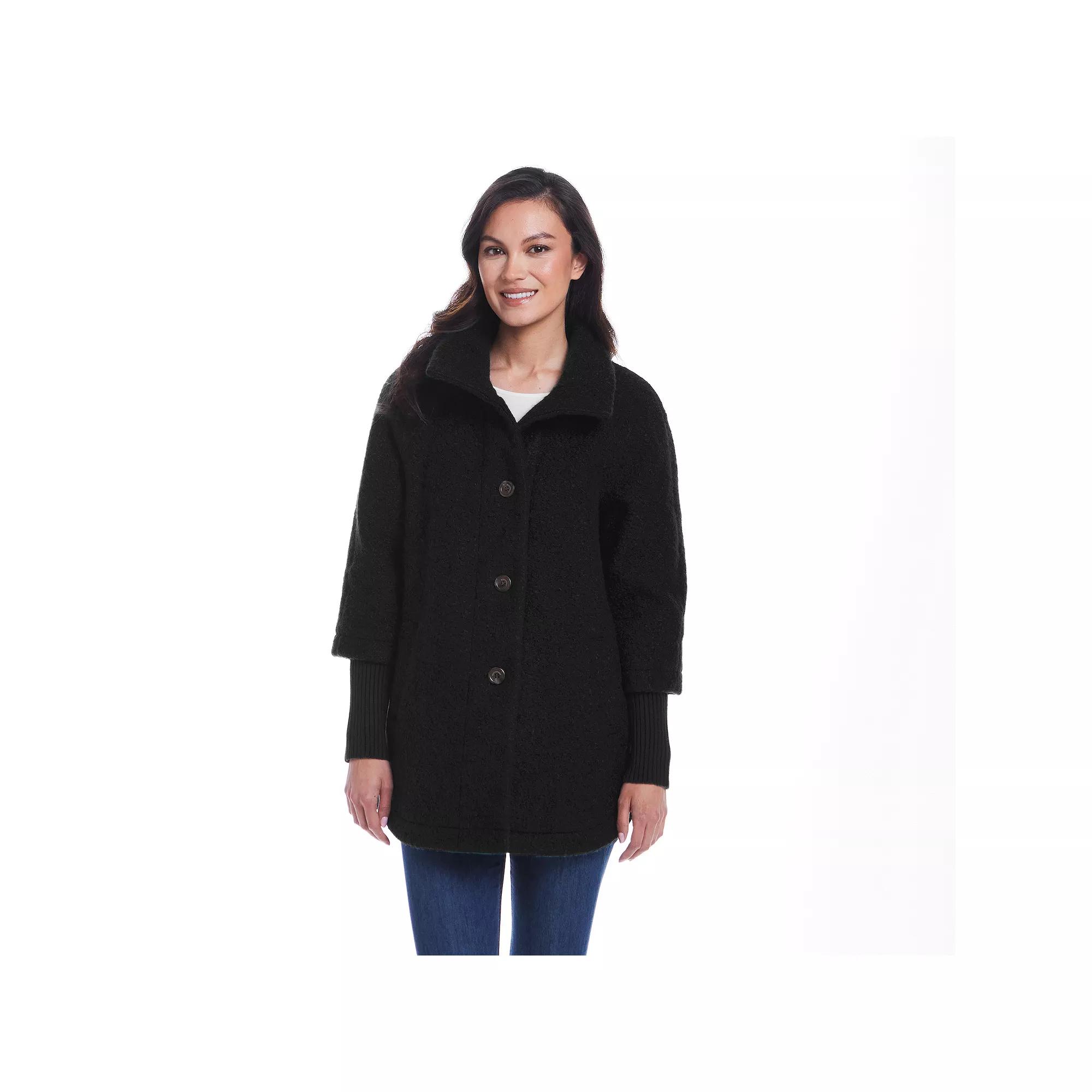 Women's Weathercast Button Front Boucle Topper Coat with Knit Sleeves, Size: Medium, Black Product Image