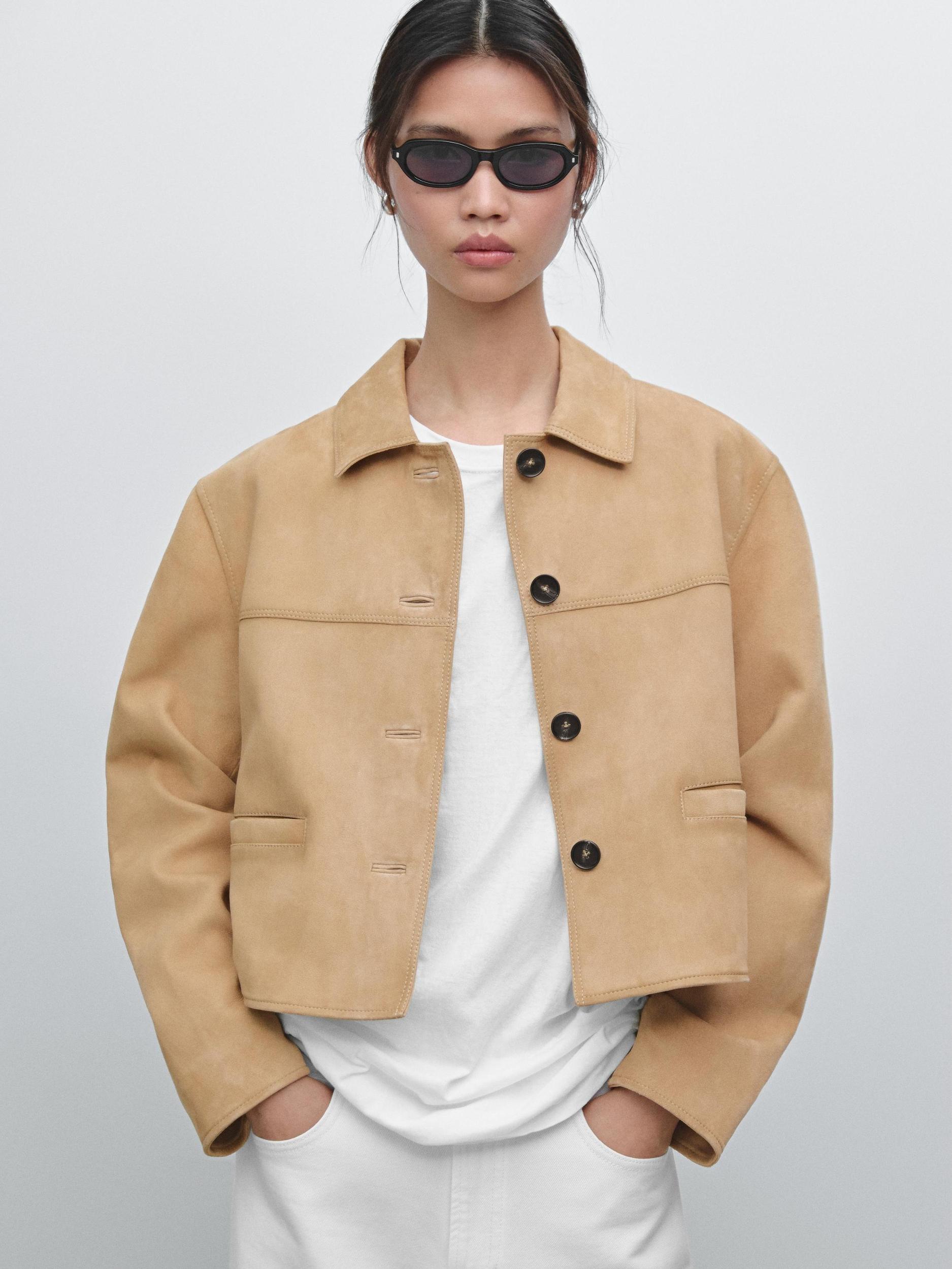 Short suede leather jacket with topstitching Product Image