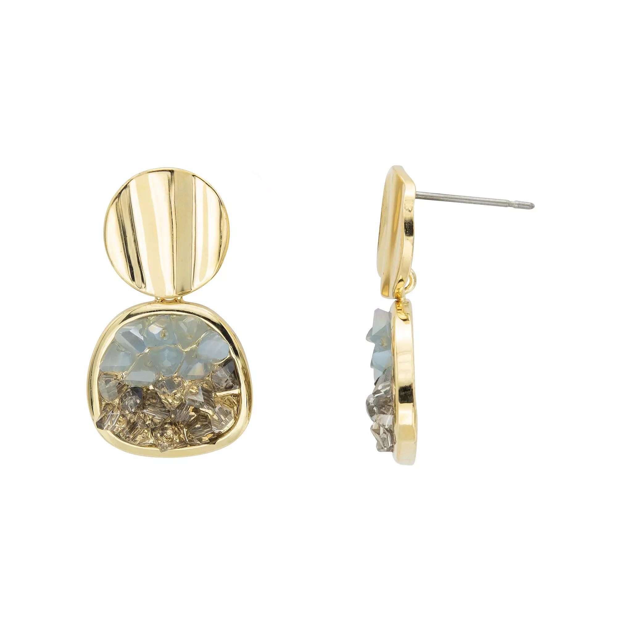 Brilliance Gold Tone Druzy Blue Crystal Round Drop Earrings, Women's, Gold Tone Blue Product Image