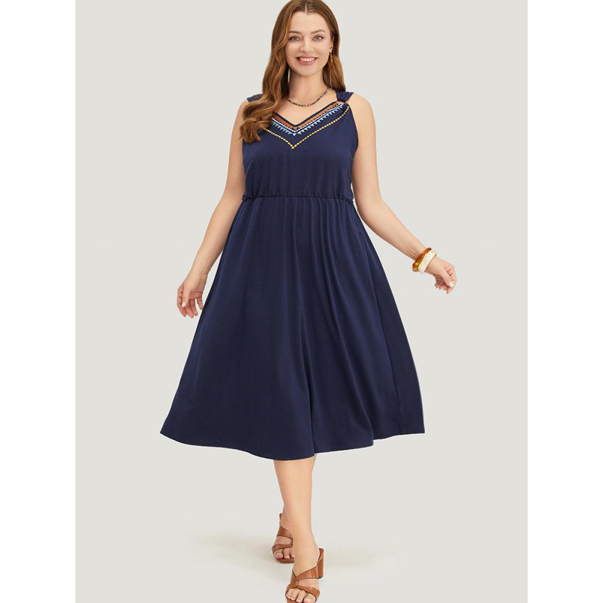 Plus Size Geometric Embroidered Buckle Detail Pocket Ruffle Hem Cami Dress Indigo Women Vacation Embroidered V-neck Sleeveless Curvy Midi Dress BloomChic 18-20/2X Product Image