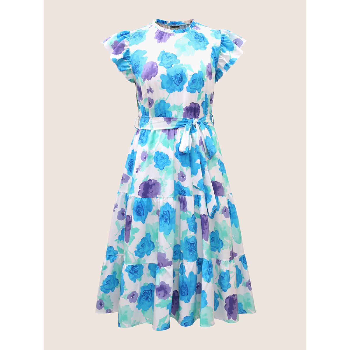 Plus Size Floral Gathered Ruffle Cap Sleeve Belted Dress White Women Elegant Belted Round Neck Cap Sleeve Curvy BloomChic 18-20/2X Product Image