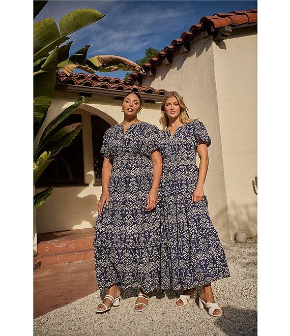 Sugarlips Viridiana Floral Eyelet Palmer V-Neck Short Sleeve Tiered Maxi Dress Product Image