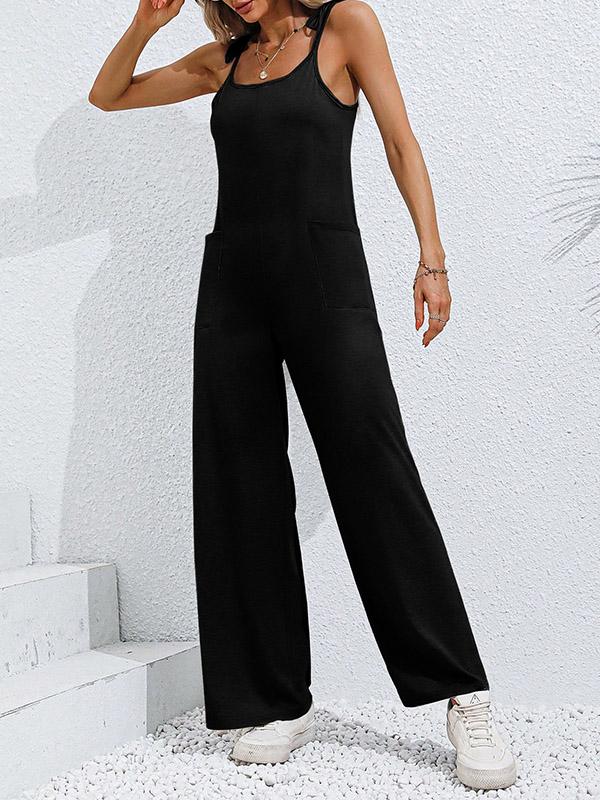 High Waisted Sleeveless Pockets Solid Color Tied Spaghetti-Neck Jumpsuits Product Image
