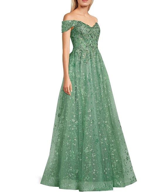 B. Darlin Patterned Glitter Mesh Sweetheart Neck Off-The-Shoulder Dress Product Image