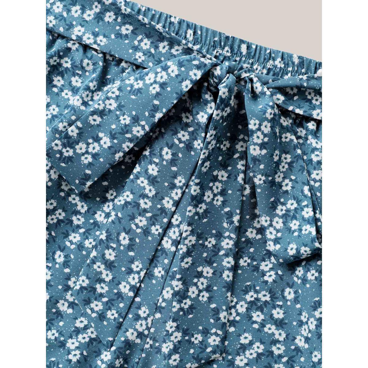 Plus Size Floral Print Belted Wide-Leg Pants Women Mediumblue Elegant Wide Leg Mid Rise Elegant Pants BloomChic 10/M Product Image