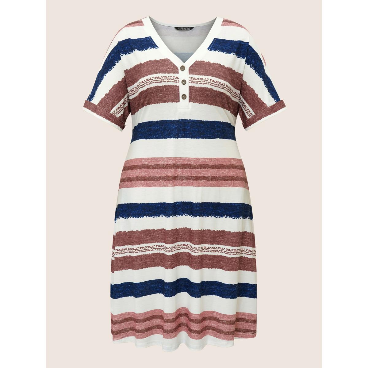 Plus Size Contrast Striped Button Detail Pocket Dress Multicolor Women Casual Non V-neck Short sleeve Curvy Midi Dress BloomChic 10/M Product Image